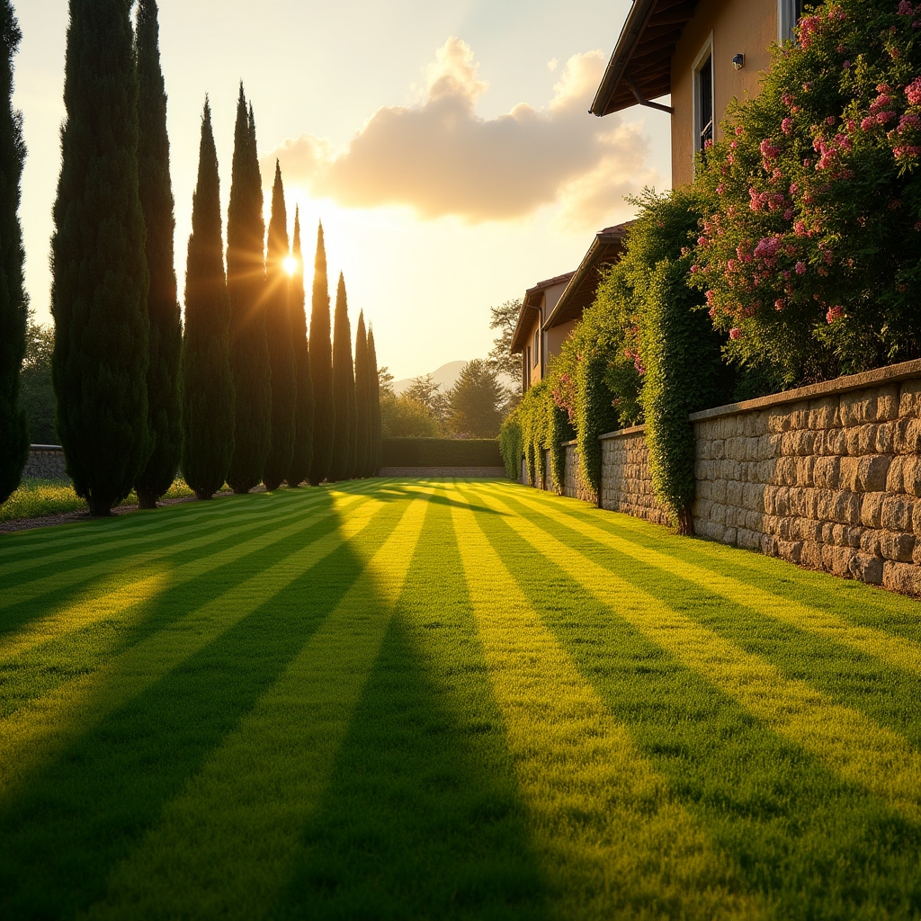 Prato condominiale ben curato con cipressi toscani sullo sfondo