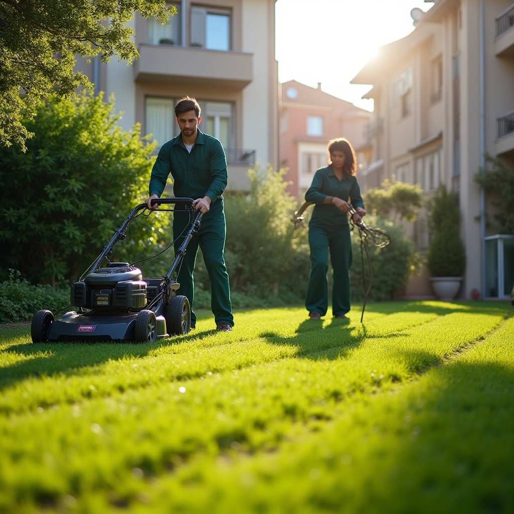 Squadra di giardinieri professionisti al lavoro in un giardino condominiale