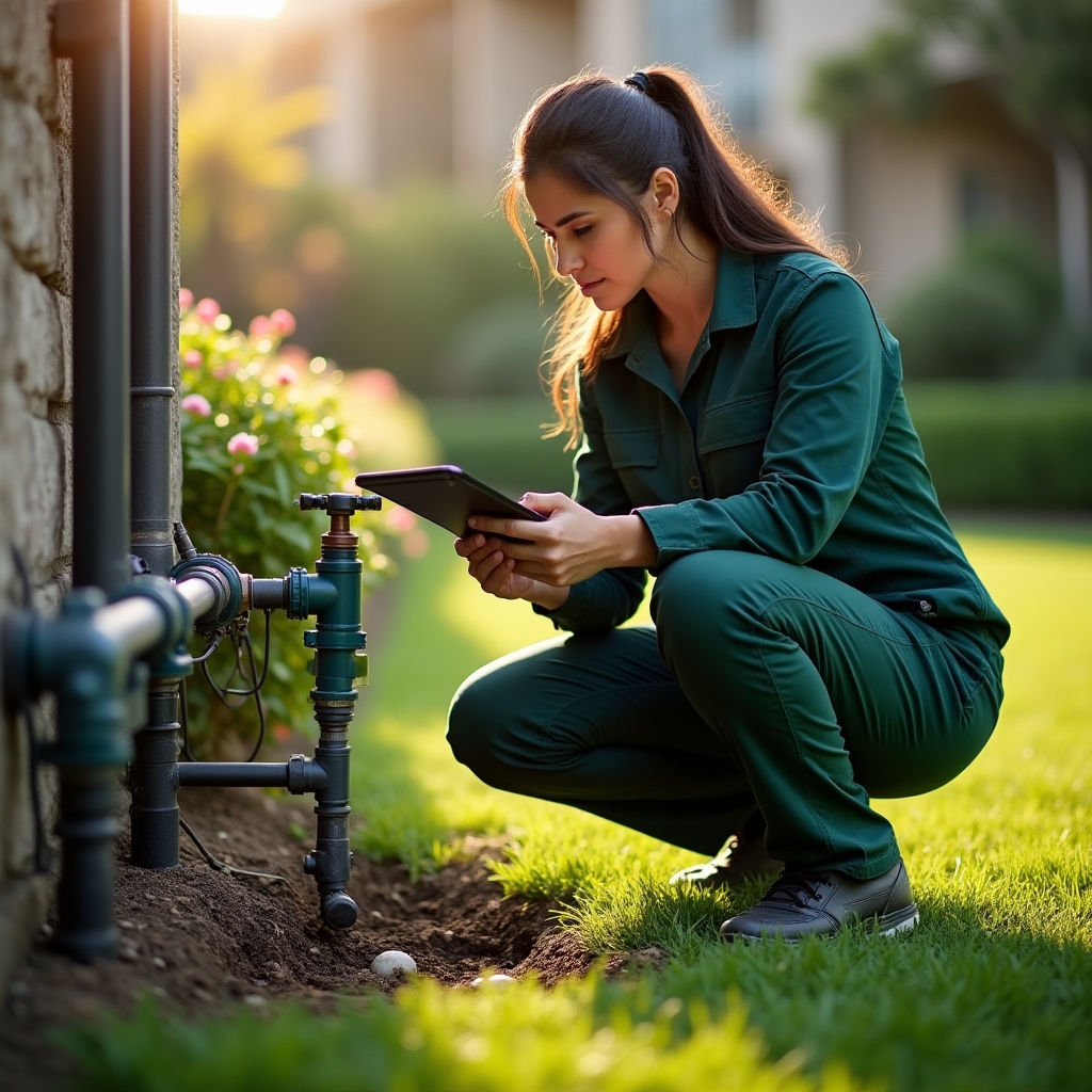 Tecnico che ispeziona un impianto di irrigazione condominiale